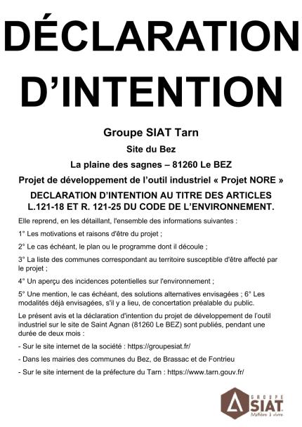 Déclaration d'intention - Groupe SIAT Tarn